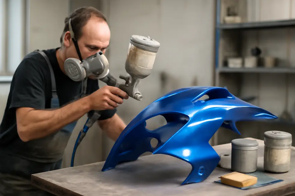 Technician thoroughly cleaning and preparing a scratched motorcycle fairing for repair.