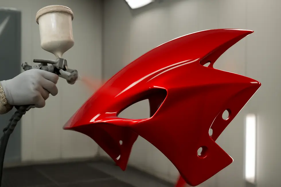 Careful sanding and cleaning prepare motorcycle fairings for optimal paint adhesion.