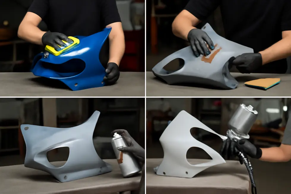 Different motorcycle fairing materials displayed on a workshop bench, showcasing the key substrates for painting.