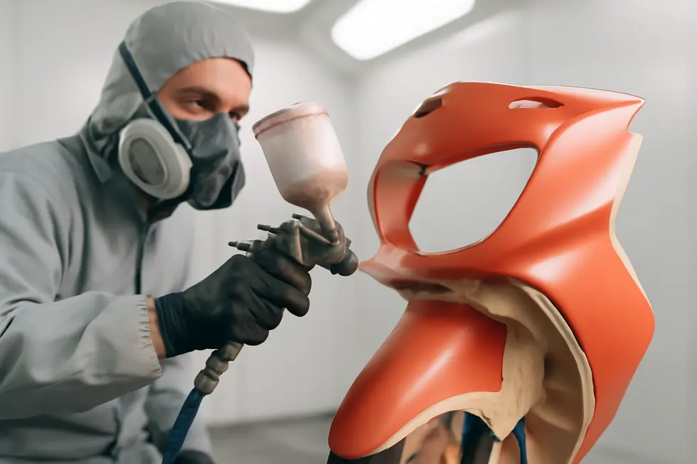 Technician cleaning a motorcycle fairing meticulously, preparing the surface for scratch repair.