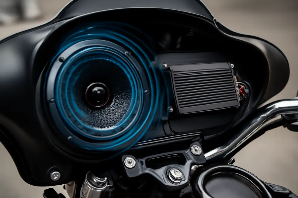 A compact, weather-resistant amplifier flawlessly integrated into a motorcycle fairing, showcasing durability and design.