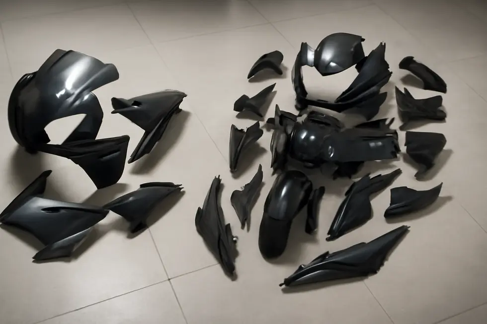 Comparison of ABS plastic, fiberglass, and carbon fiber fairings illustrating material-based cost differences.
