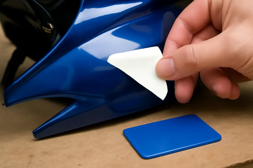 Technician applying controlled heat to soften adhesive under a motorcycle fairing decal.