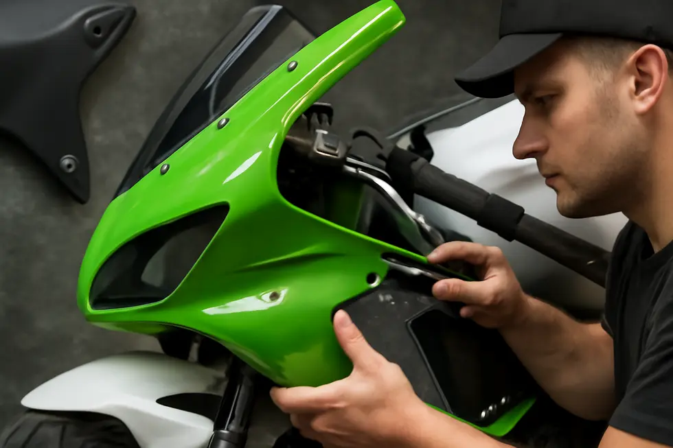 Injection-molded ABS plastic fairings with aerodynamic designs and OEM-level fitment showcased in a workshop.