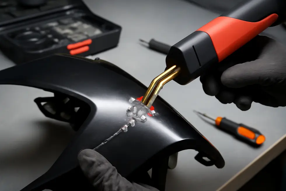 Technician performing plastic welding with a hot staple kit on an ABS motorcycle fairing crack.