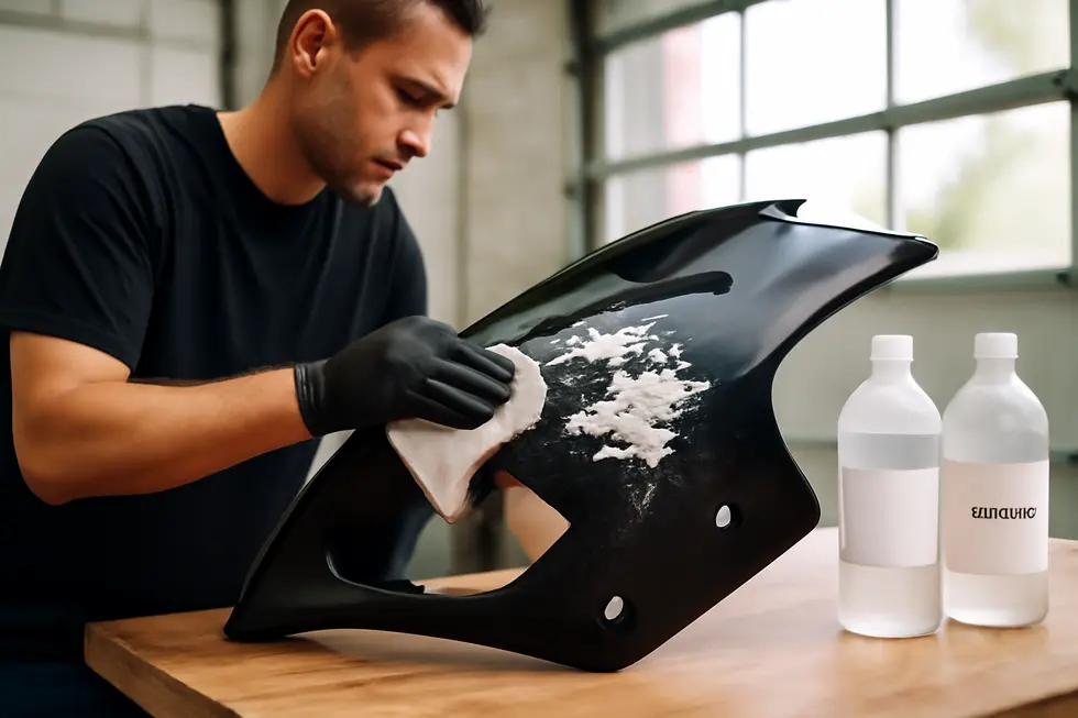 Thoroughly washing motorcycle fairings to remove dirt and contaminants before paint removal.