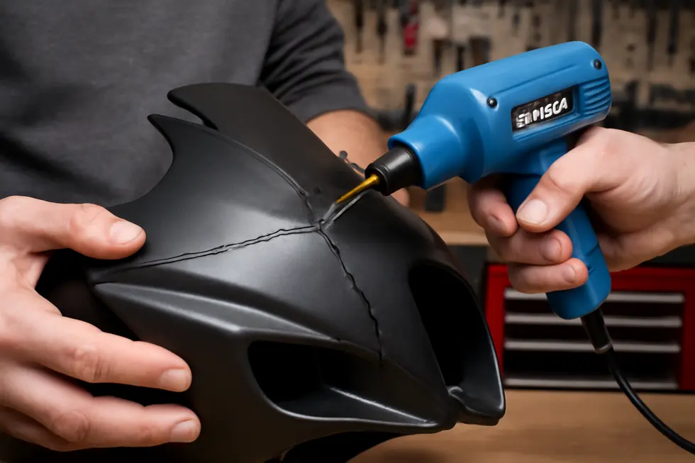 Using a hot staple kit for plastic welding on a cracked motorcycle fairing to restore structural integrity.