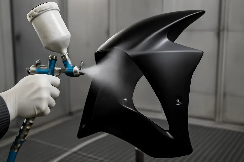 Applying plastic adhesion primer on ABS motorcycle fairing to enhance paint bonding and durability.