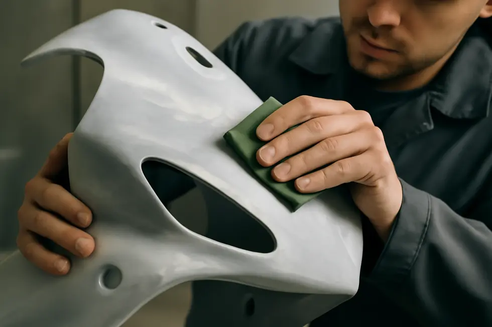 Thorough cleaning eliminates dirt and grease to guarantee paint adhesion on motorcycle fairings.