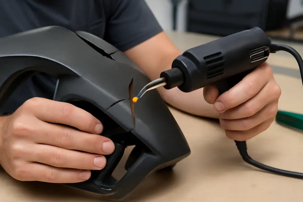 A technician repairing a cracked motorcycle fairing using a plastic welding staple kit to restore material strength.