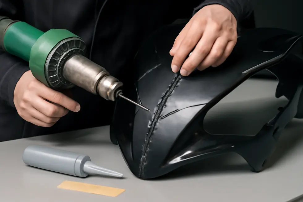 Comparing fiberglass and plastic materials used in motorcycle fairing repairs.