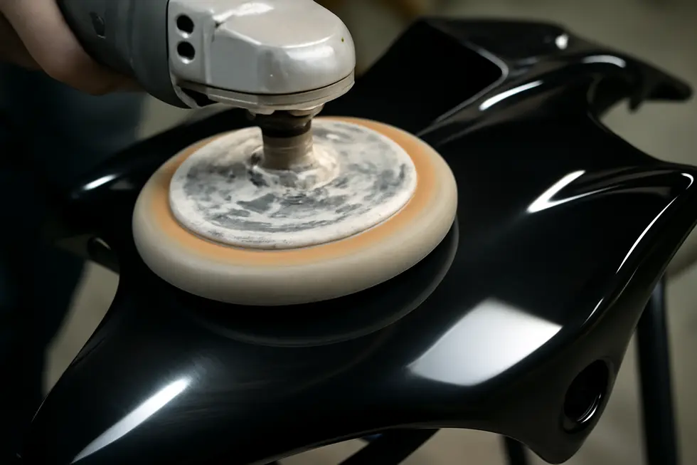 Technician meticulously cleaning motorcycle fairings to ensure optimal buffing results.
