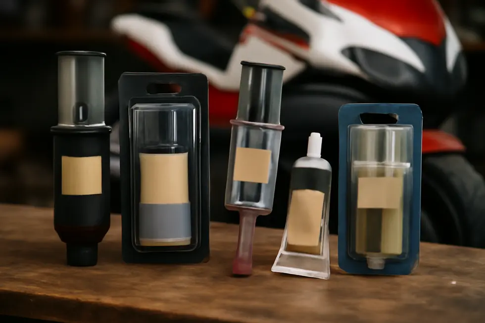 Different motorcycle fairing materials contrasted alongside epoxy adhesives suitable for each type.