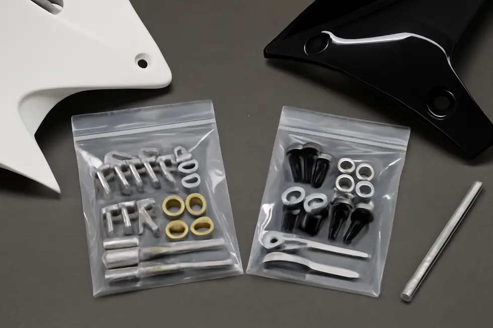 A range of Dzus fasteners featuring rivet and clip types in stainless steel and titanium, designed specifically for motorcycle fairings.