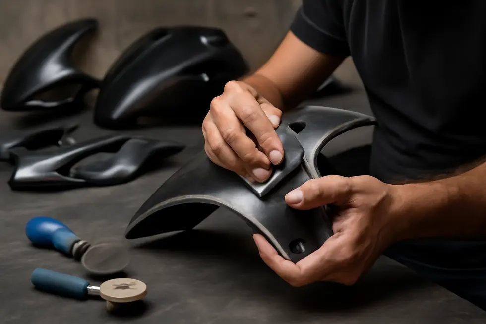 A comprehensive display of essential cutting tools and materials tailored for different types of motorcycle fairings.