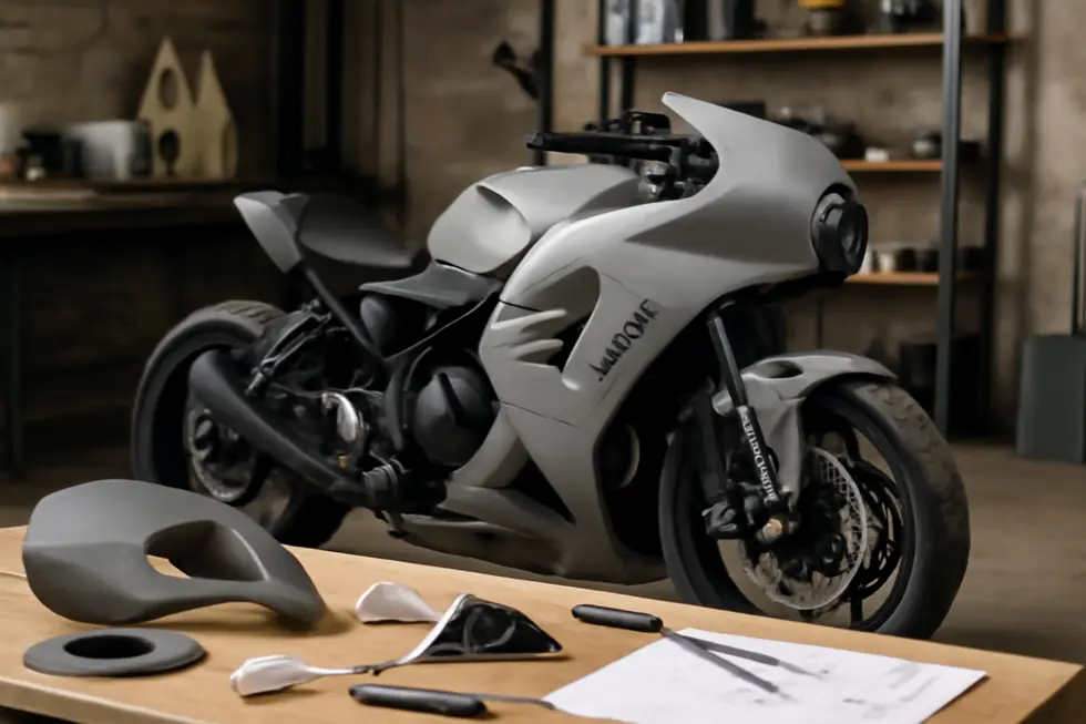 3D printing a motorcycle fairing with Selective Laser Sintering, highlighting complex shapes and precision manufacturing.