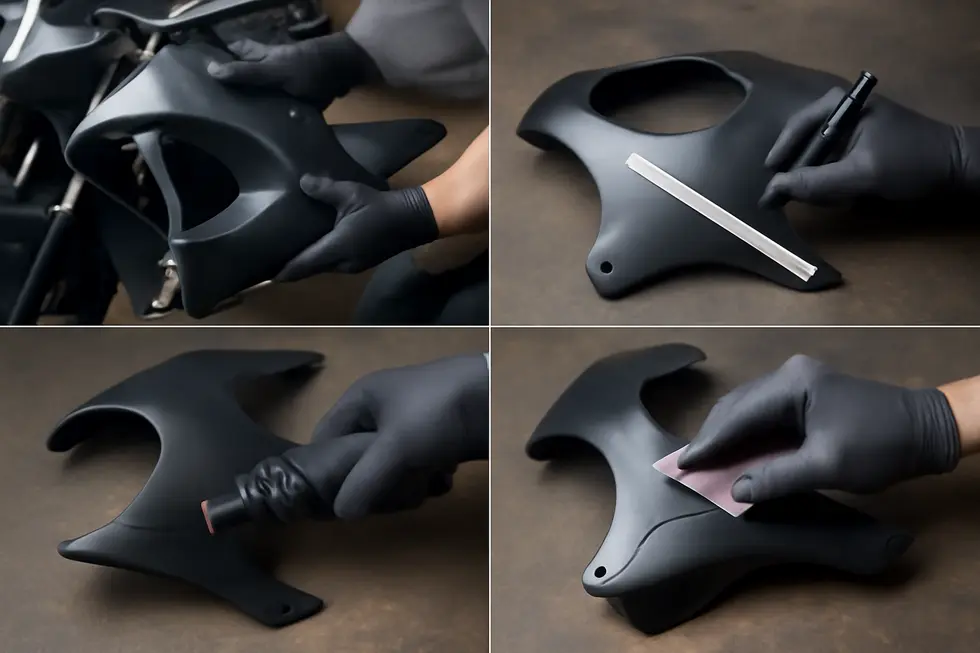 A comprehensive display of essential cutting tools and materials tailored for different types of motorcycle fairings.