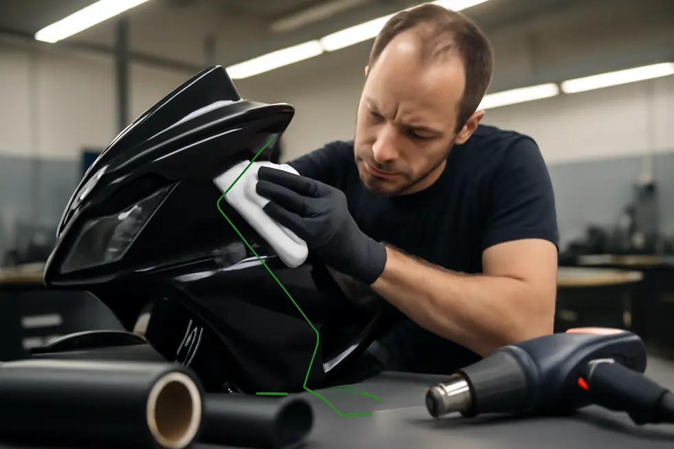 Careful preparation and use of knifeless tape ensure a flawless vinyl wrap application on motorcycle fairings.