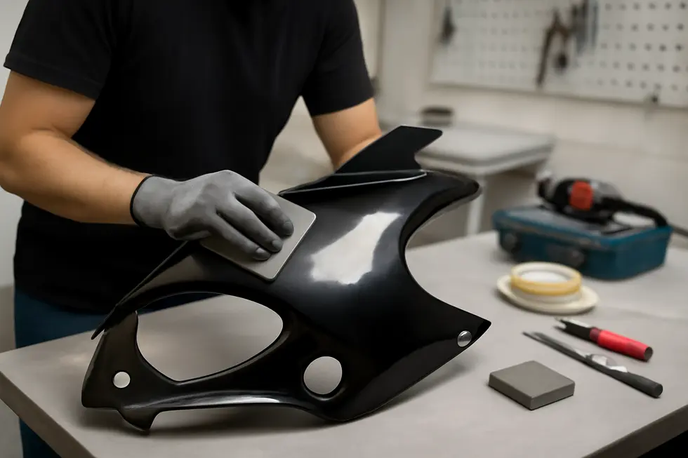 Using a hot staple kit for plastic welding on a cracked motorcycle fairing to restore structural integrity.