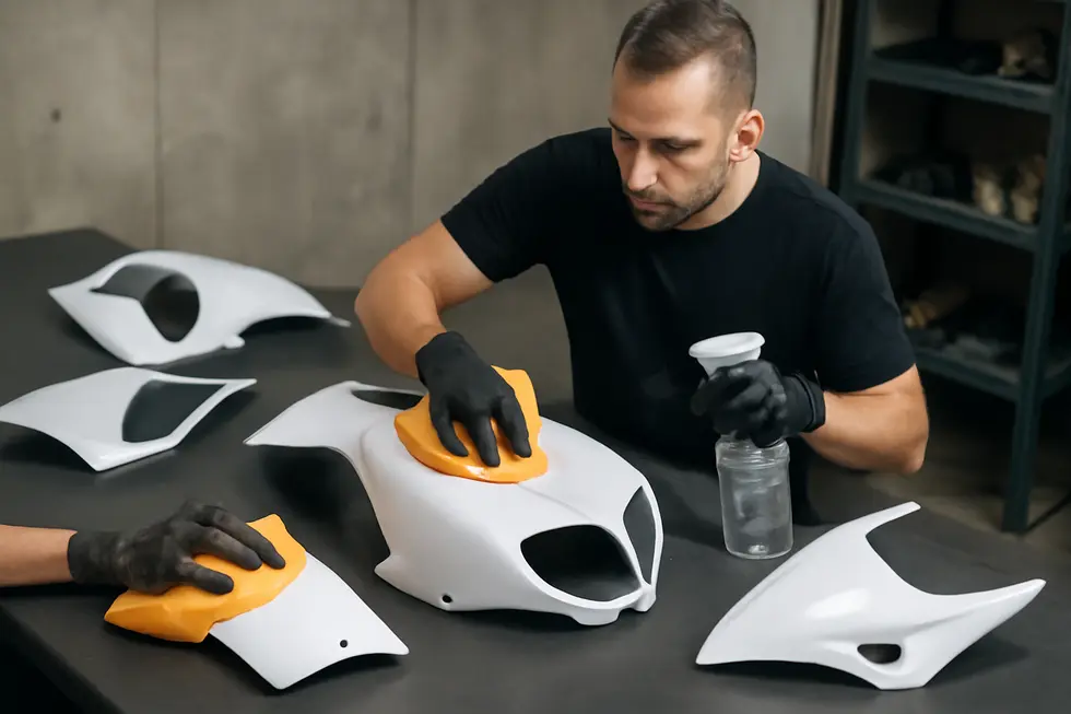 Thorough cleaning of motorcycle fairings before vinyl application ensures superior adhesion and finish.
