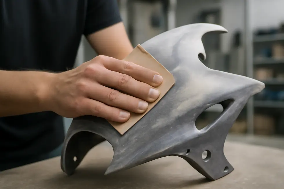 Careful sanding and cleaning prepare motorcycle fairings for optimal paint adhesion.