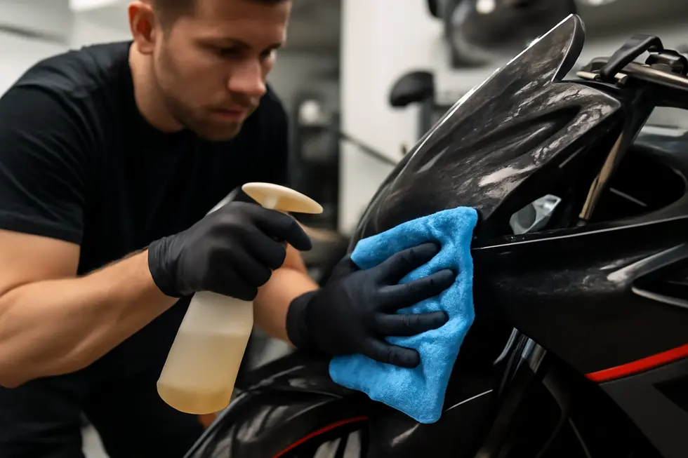 A professional thoroughly cleans motorcycle fairings to ensure optimal vinyl adhesion before wrapping.