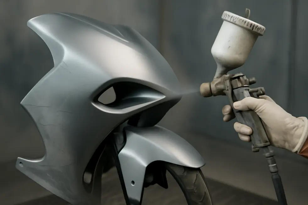 A workshop scene highlighting the preparation stage of motorcycle fairings painting, emphasizing hands-on customization opportunities for businesses.