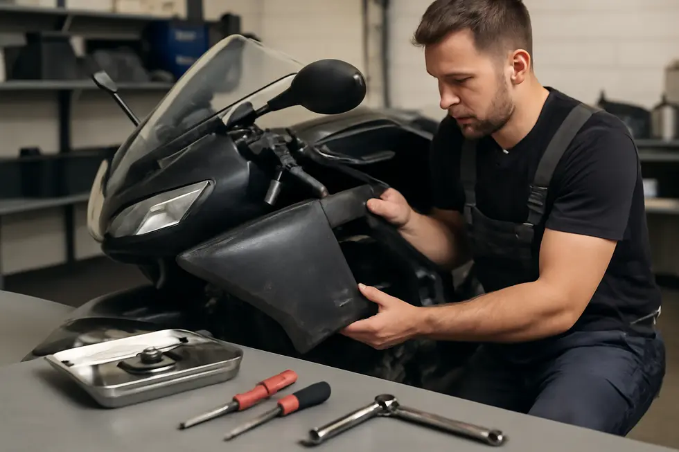 Mechanic systematically removes old fairings and organizes mounting hardware for efficient repair preparation.