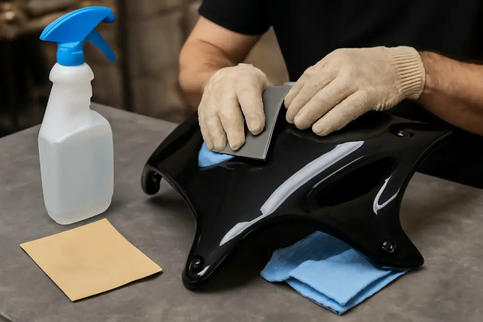 Thorough cleaning and sanding of motorcycle fairings to optimize paint adhesion and durability.