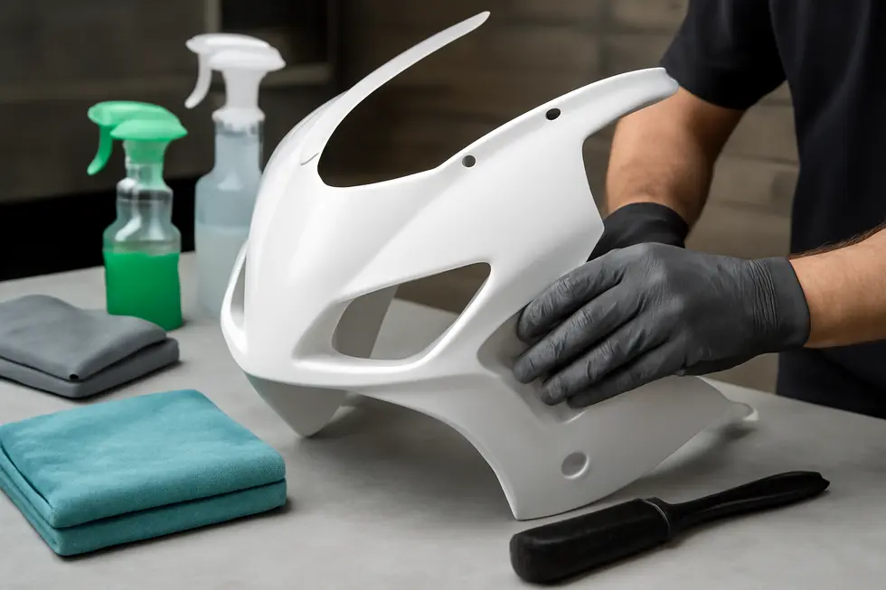 Technician sanding and preparing a motorcycle fairing surface to ensure optimal paint adhesion.