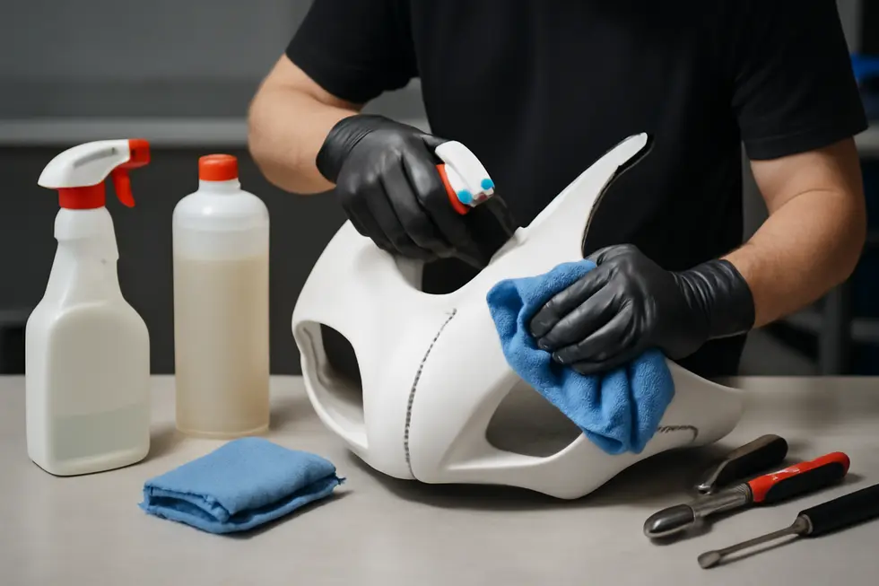 Technician preparing and cleaning a cracked motorcycle fairing to ensure a strong repair foundation.