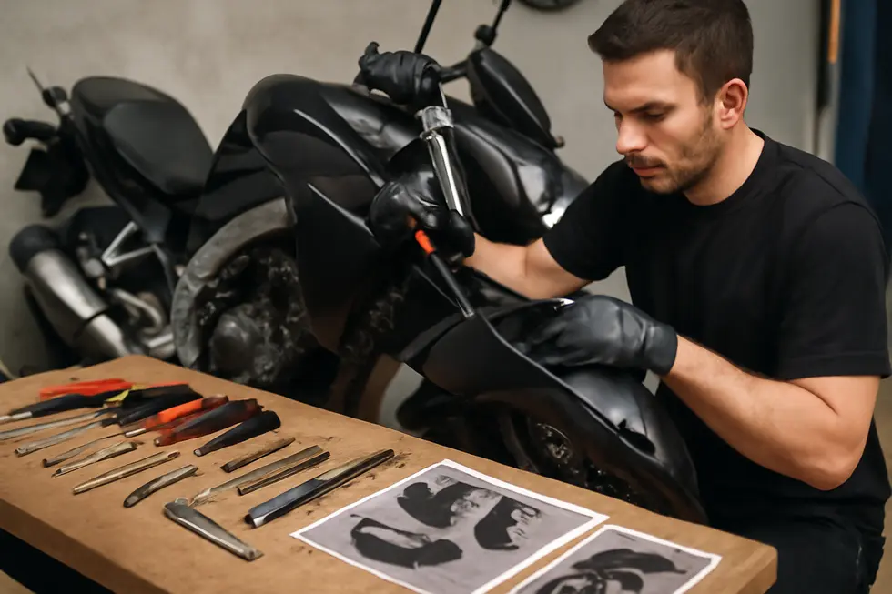 A technician safely applying plastic-safe chemical paint stripper to remove paint from a motorcycle fairing.