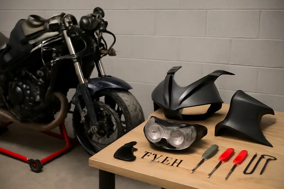 A motorcycle staged on a stable surface with old fairing parts removed and tools organized for the installation process.