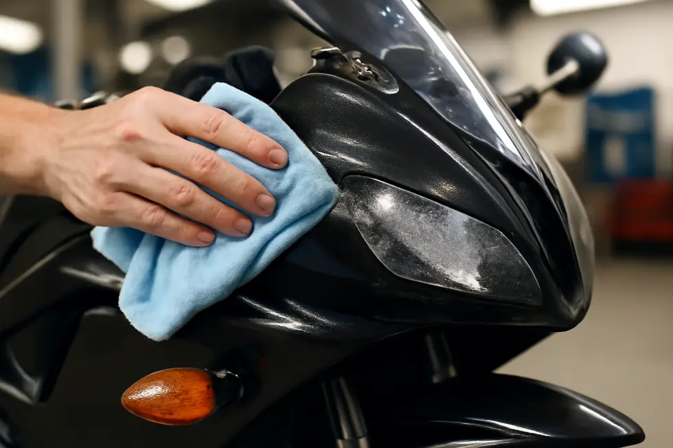 Preparing motorcycle fairings by cleaning the surface before removing stickers ensures a dirt-free base and prevents scratches.