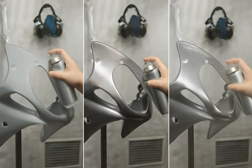 Technician sanding and preparing a motorcycle fairing surface to ensure optimal paint adhesion.