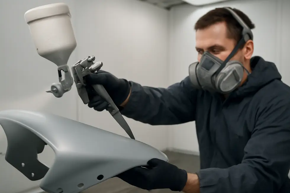 Careful sanding and cleaning prepare motorcycle fairings for optimal paint adhesion.