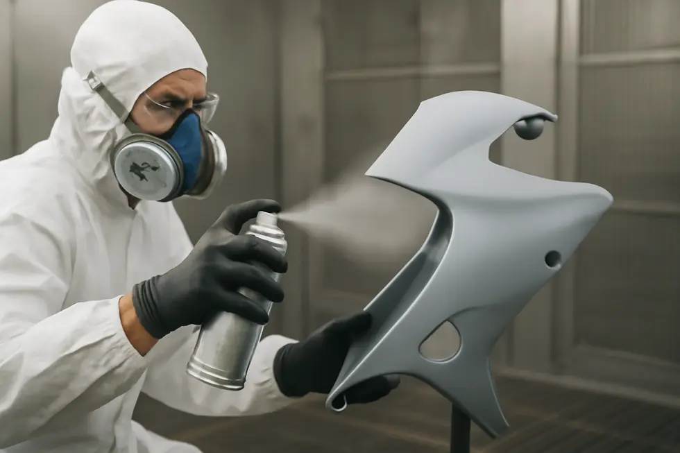 Thorough cleaning and sanding prepare motorcycle fairings for optimal paint adhesion and durability.