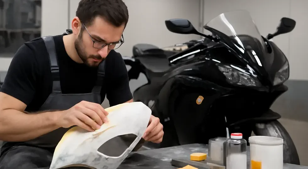 A skilled technician carefully repairing a scratched motorcycle fairing in a professional workshop environment.