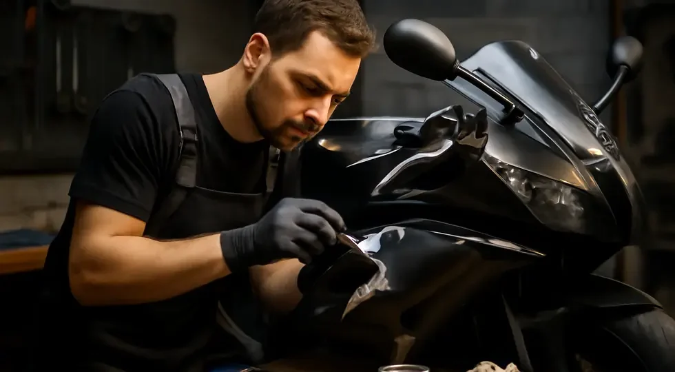 Professional motorcycle technician repairing a broken fairing in a well-equipped workshop, showcasing expert craftsmanship.