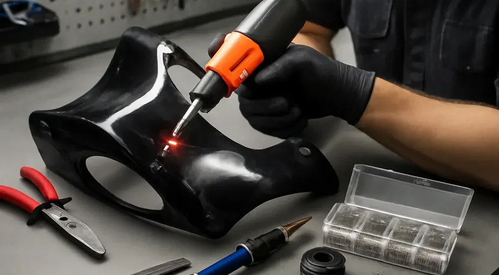 Technician performing plastic welding on a motorcycle fairing in a professional workshop environment.