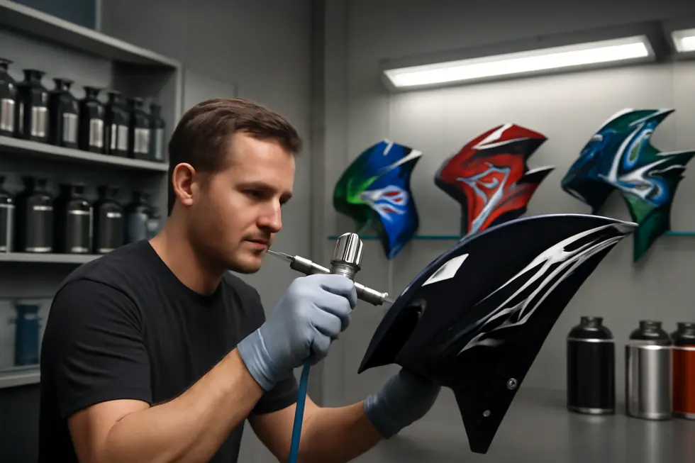 A motorcycle enthusiast applying DIY spray paint and designs on fairings using accessible tools and materials.
