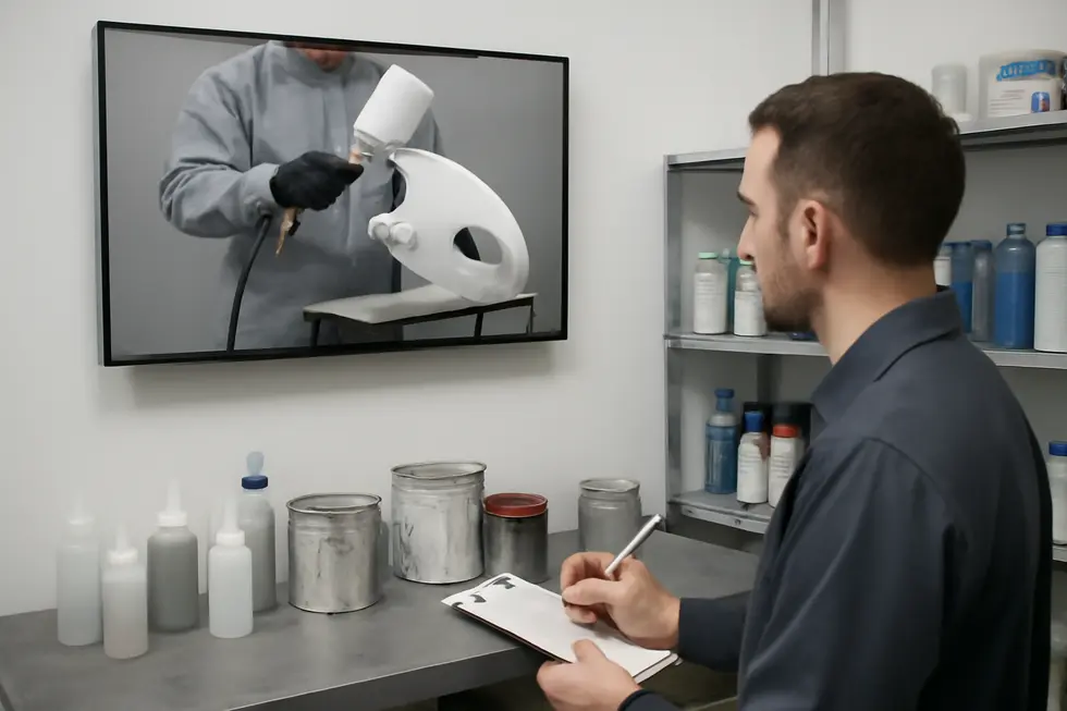 Applying plastic adhesion primer on ABS motorcycle fairing to enhance paint bonding and durability.