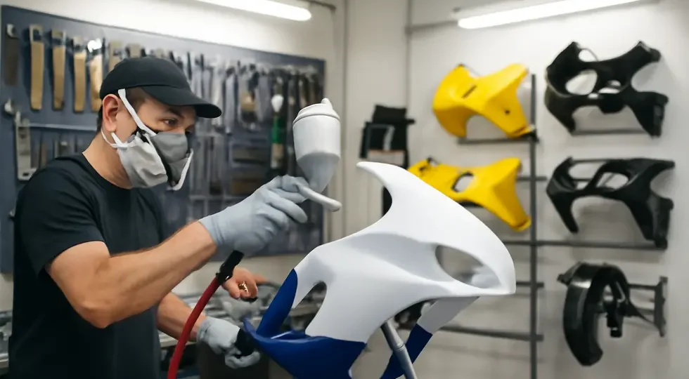 A professional workshop featuring the spray painting of motorcycle fairings, showcasing organized tools and staged drying racks.