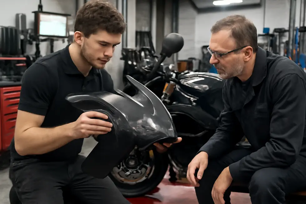 Technician cleaning a motorcycle fairing meticulously, preparing the surface for scratch repair.