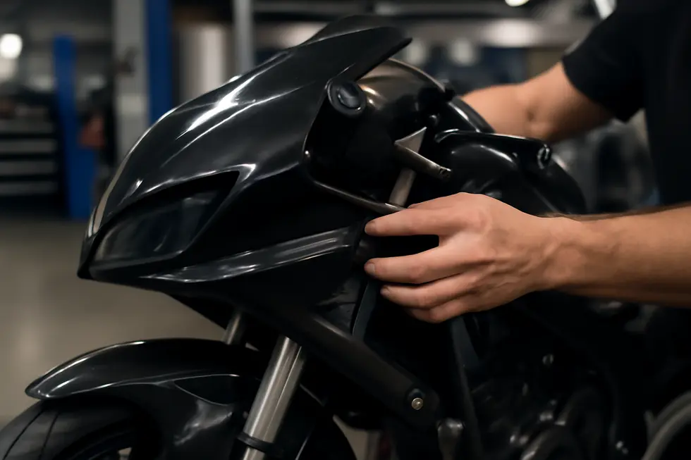 A mechanic meticulously unscrews bolts and detaches clips to remove old motorcycle fairings without causing damage.