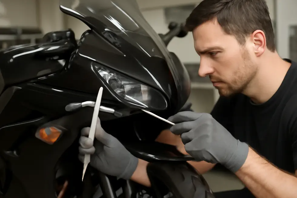 A motorcycle staged on a stable surface with old fairing parts removed and tools organized for the installation process.
