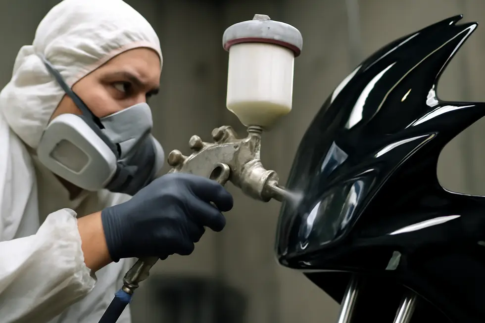 Technician preparing a motorcycle fairing surface by thorough cleaning to ensure proper paint adhesion.