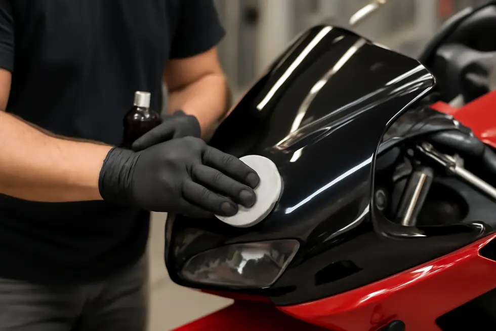 Technician meticulously cleaning motorcycle fairings to ensure optimal buffing results.