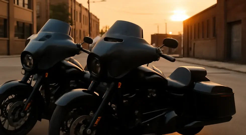 A lineup of Harley Davidson motorcycles fitted with Reckless fairings, showcasing versatile design and technology at sunset.