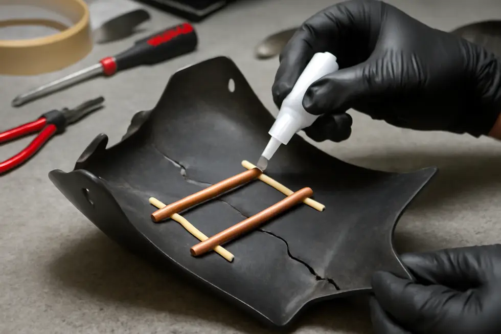 Copper pipe braces reinforcing a cracked motorcycle fairing for enhanced structural strength.